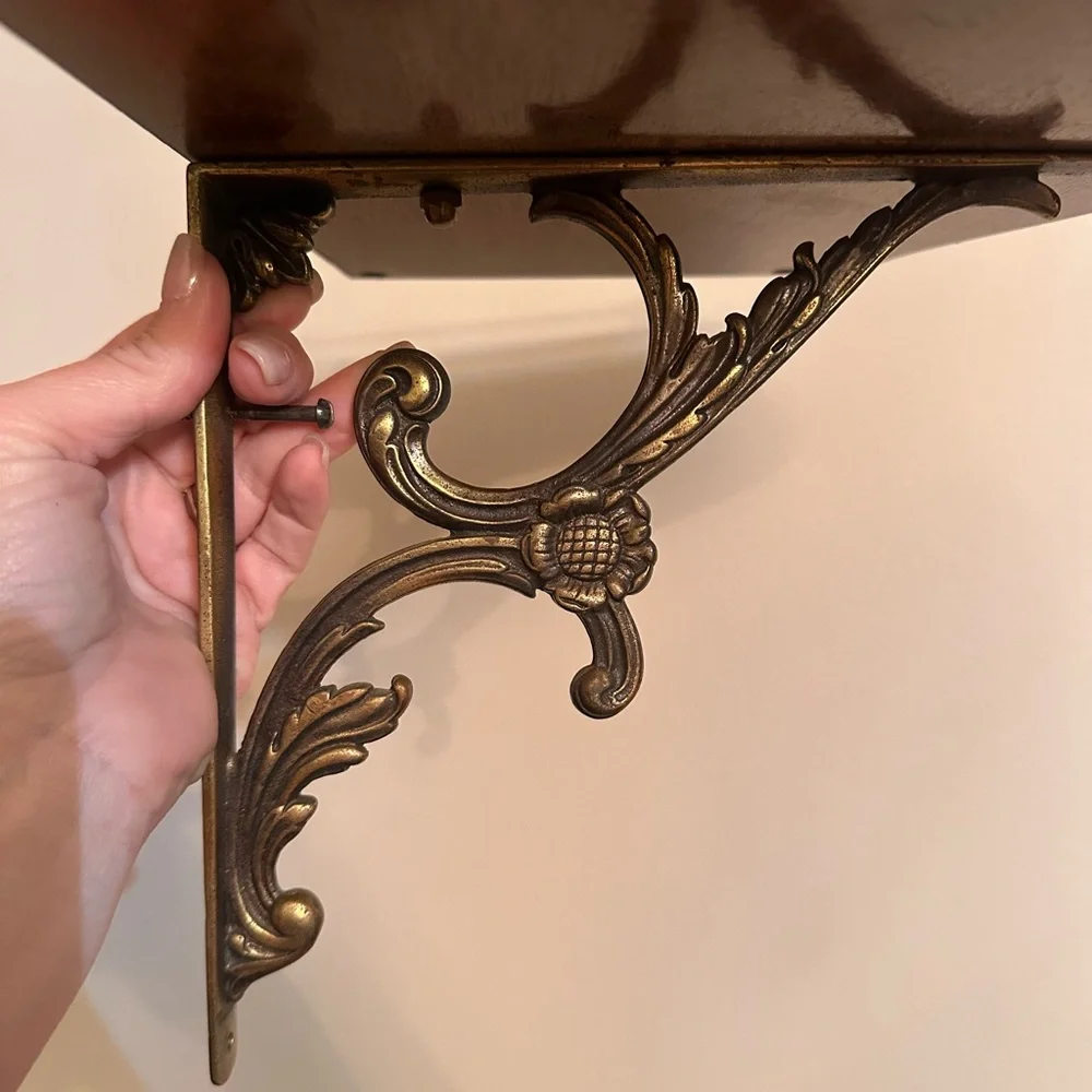Vintage Brass and Wood Ornate Wall Shelf